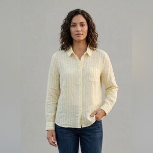 Garnet Hill 100% Linen Yellow White Striped Collared Long Sleeves Button Up 16